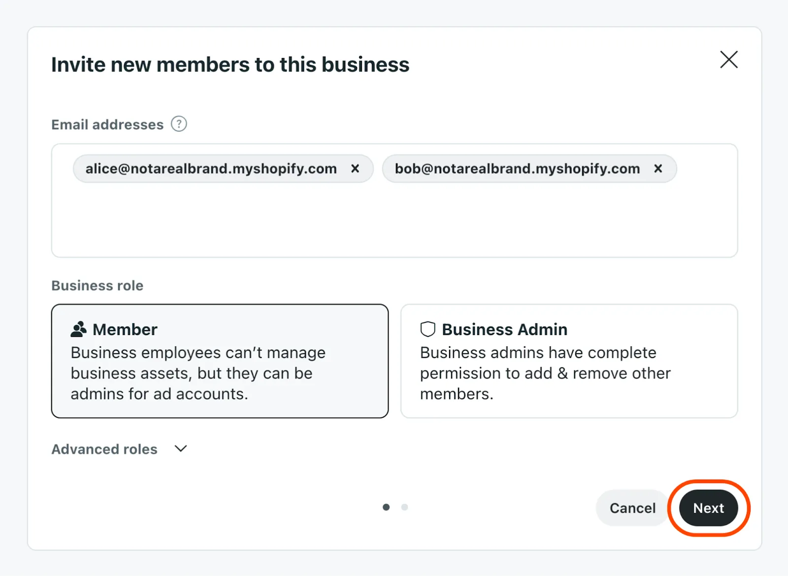 Add emails and select their roles before clicking Next