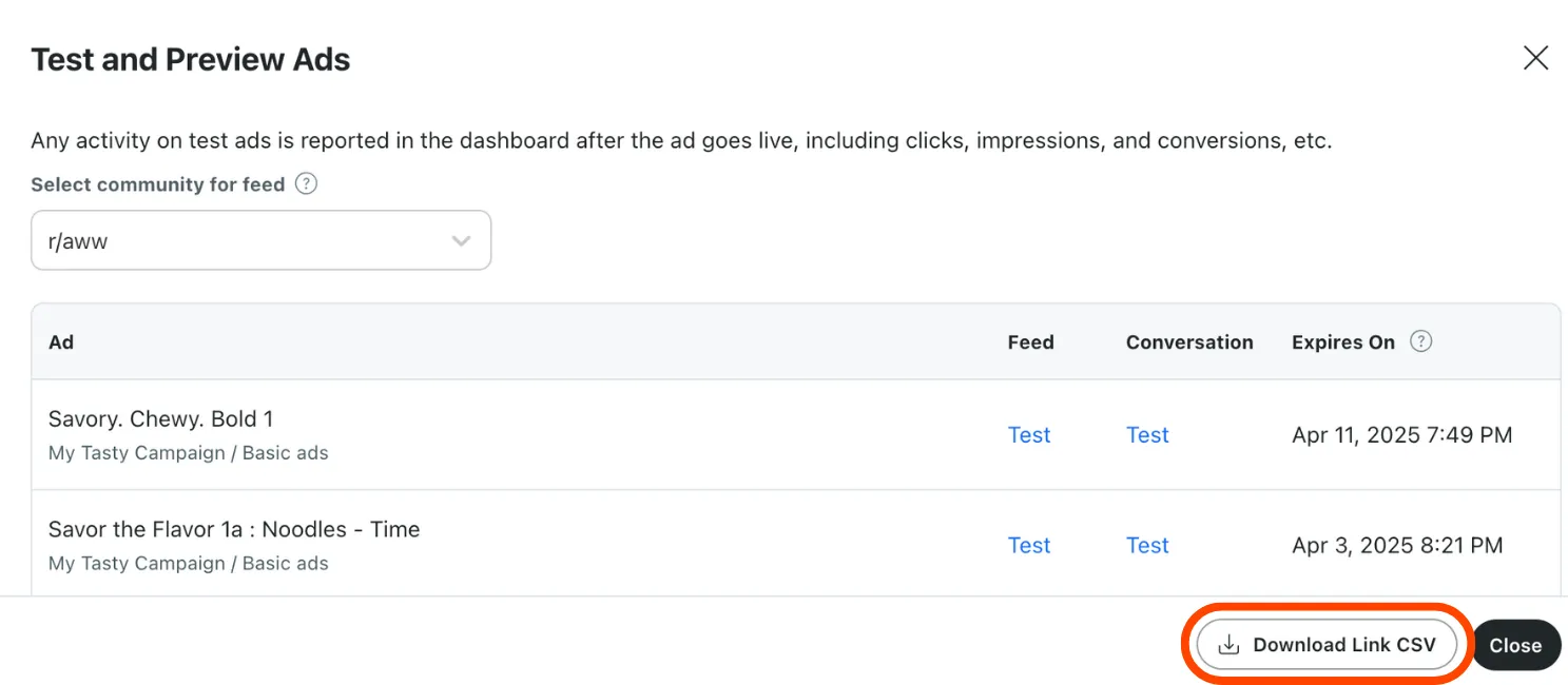 Download link CSV