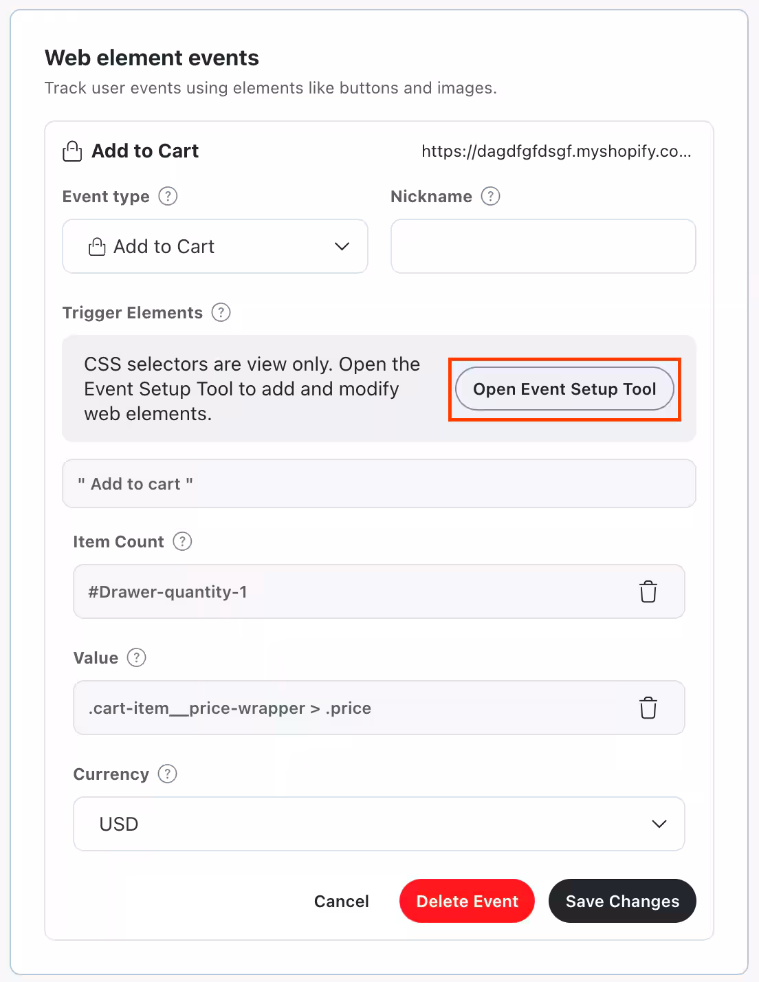Select Open Event Setup Tool