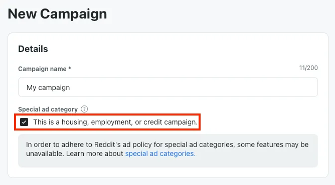 Enable special ad category