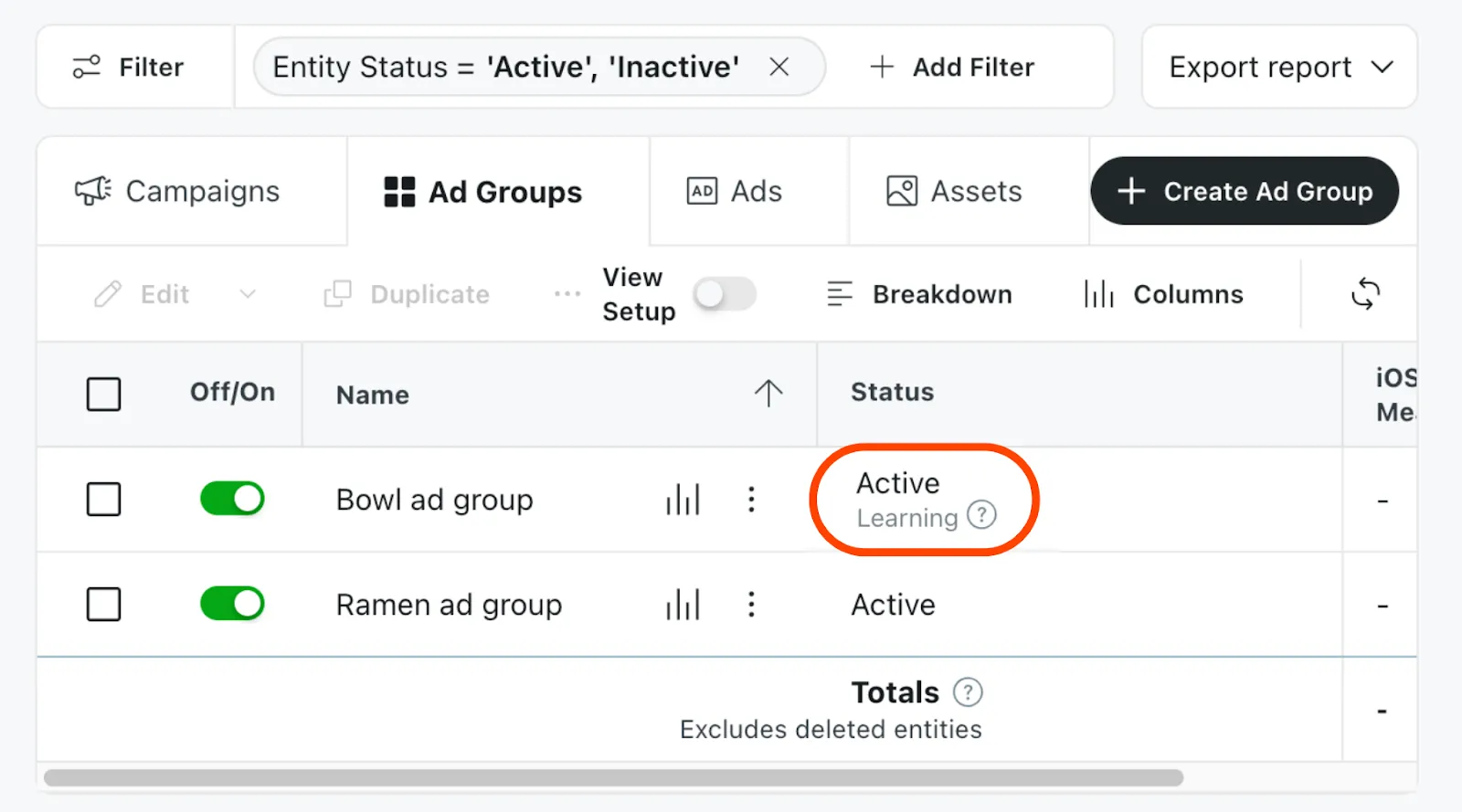 Example of ad group in the learning phase