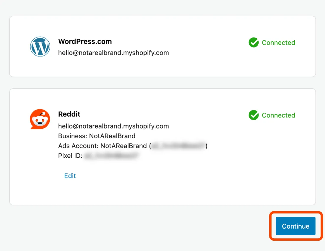 Select continue to link to Reddit Ads