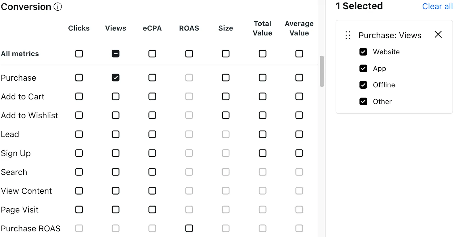 Select conversion metrics